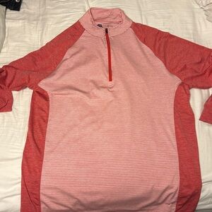 Onward Reserve 1/4 zip- red and white stripes with red heather sleeves and sides